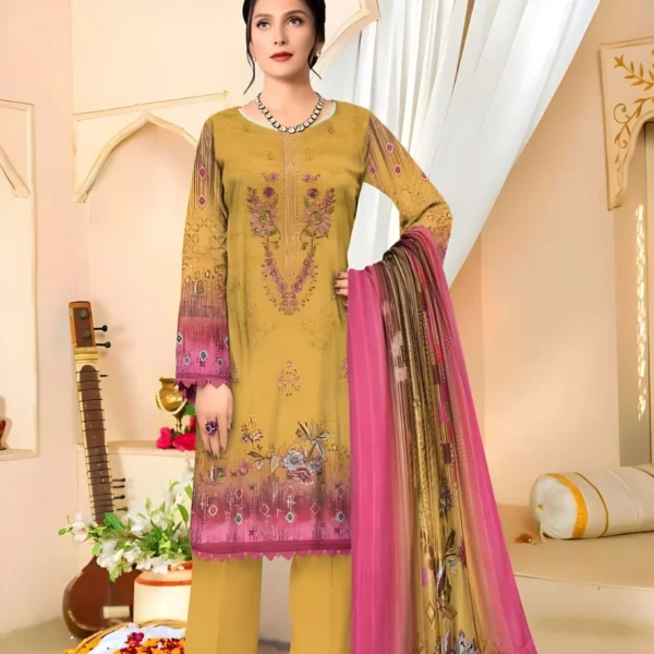 3 Pcs Women's Unstitched Lawn Embroidered Suit