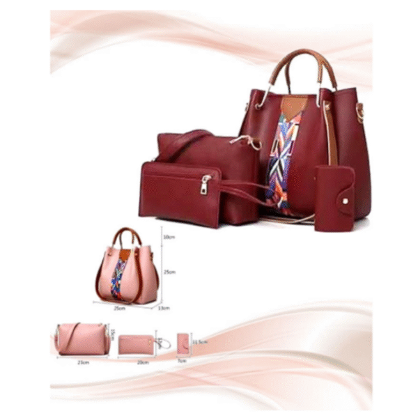 Luxurious Maroon Leather Handbag 4pcs Set