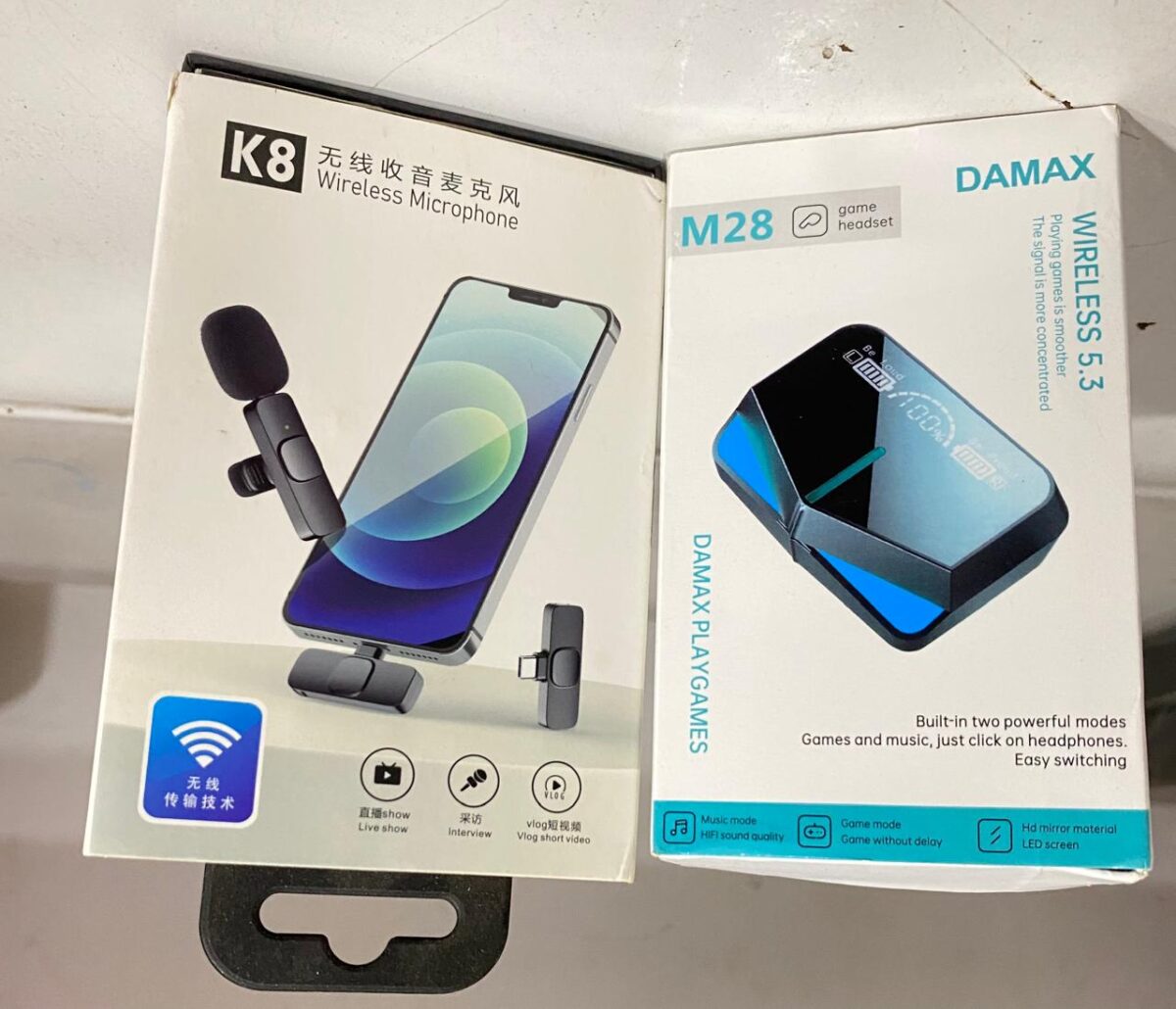 Deal pack of 2 - K8 Mic Collar Wireless Microphone & M28 airbuds Tws Wireless Earbuds Long Live pakistan