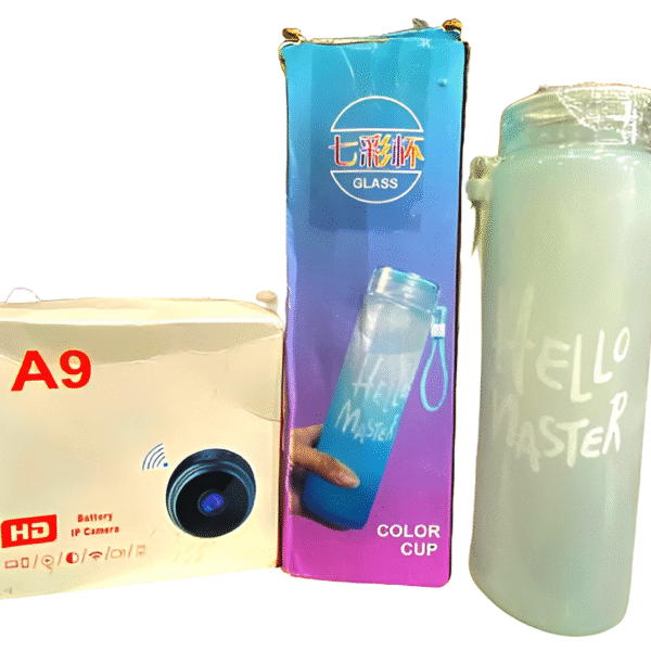 Deal pack of 2 - A9 Mini Camera & Frosted Glass Water Bottle (Random color)
